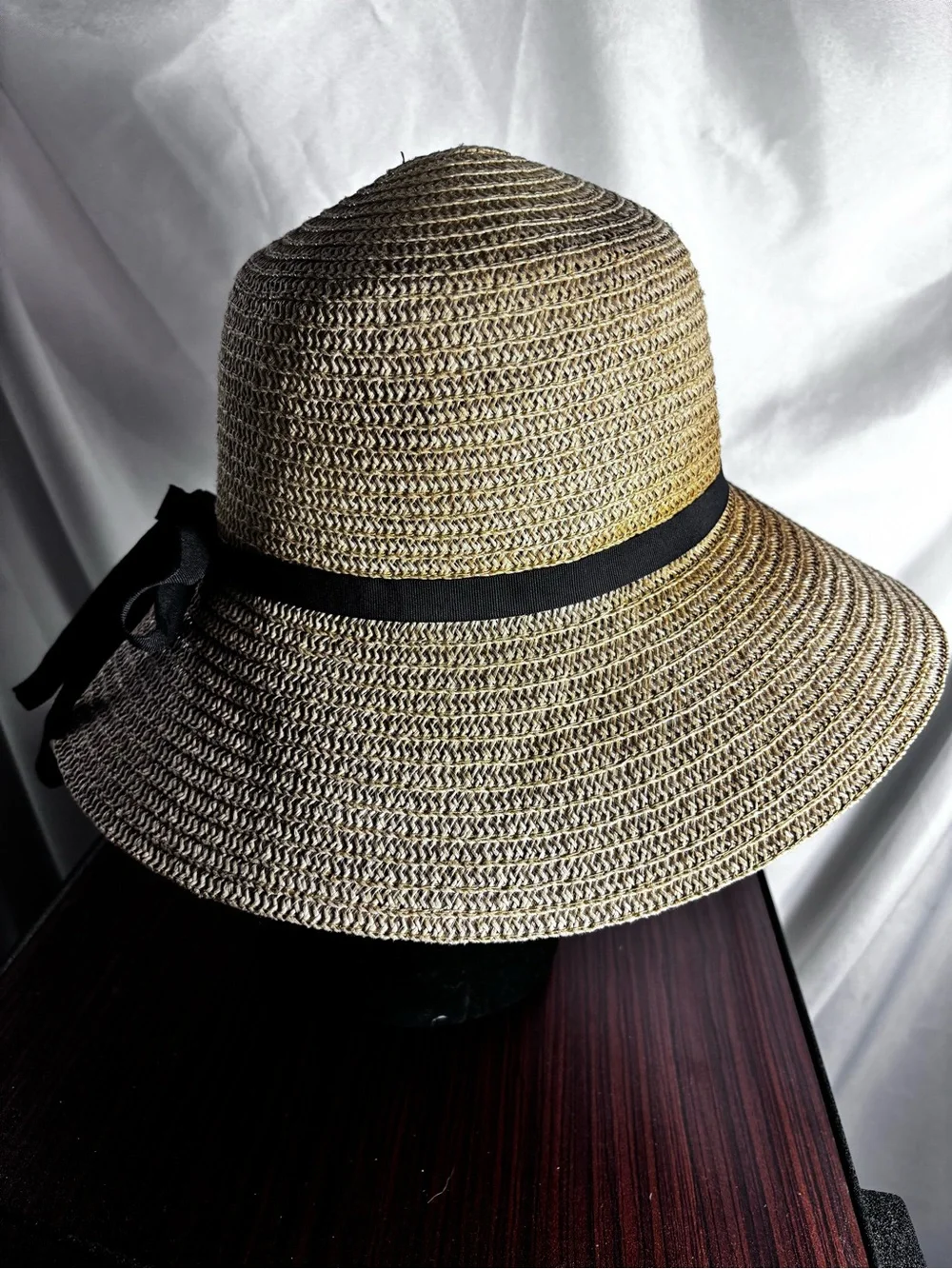 Neutral Straw Sun Hat with Black‎ Ribbon Band